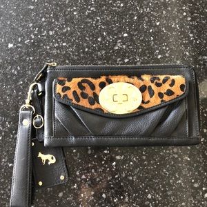 Emma Fox black leather + leopard print wristlet
